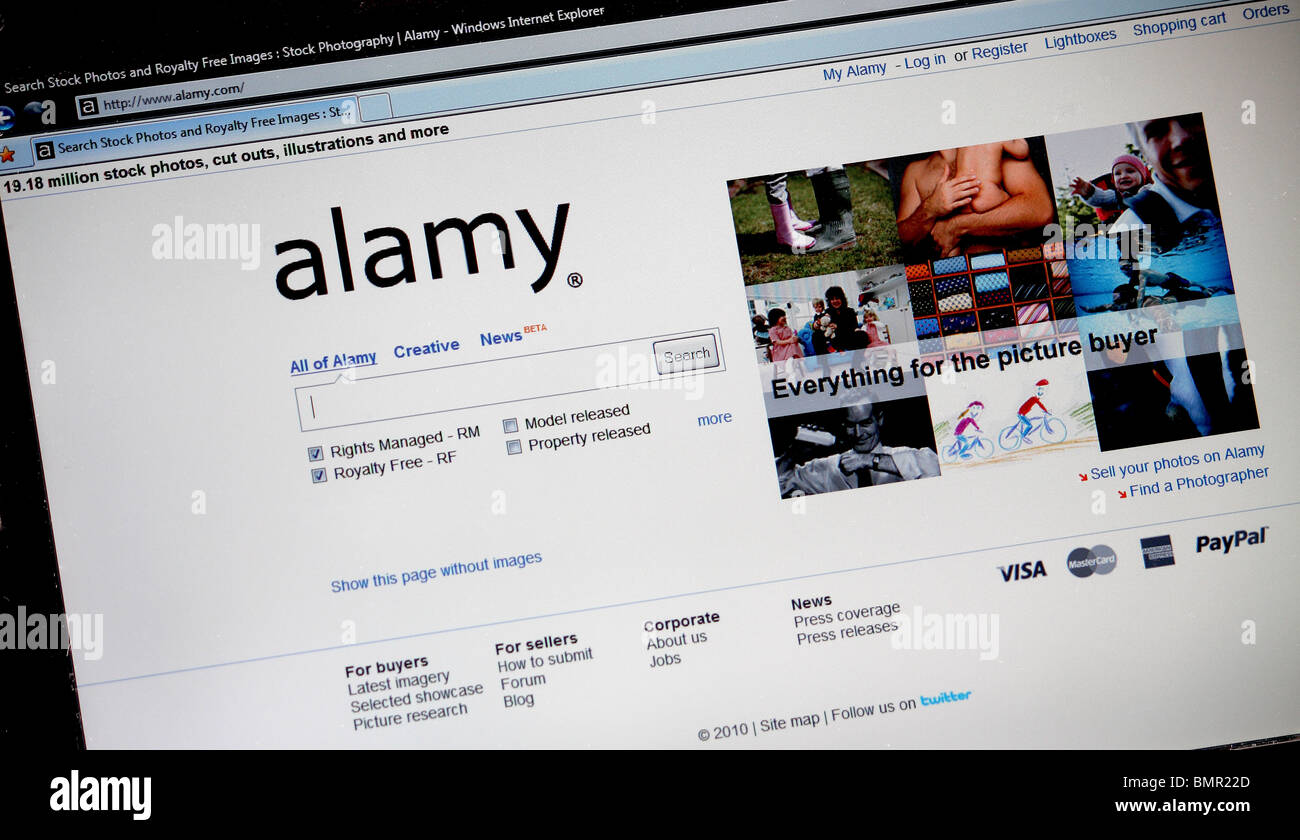 Une photo de l'avant page d'accueil du site Alamy montrant des échantillons de photographies et un moteur de recherche interne Banque D'Images
