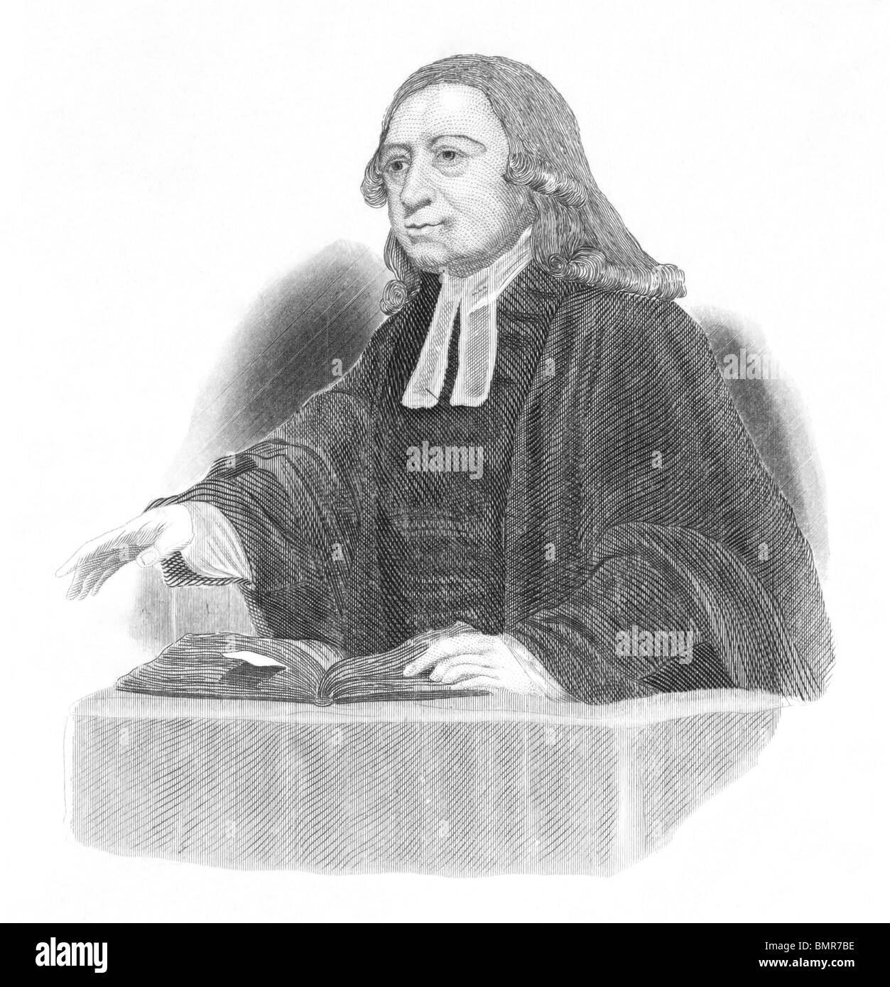 John Wesley (1703-1791) La prédication sur une bible ouverte sur gravure à partir des années 1800. Clerc anglican et théologien chrétien. Banque D'Images