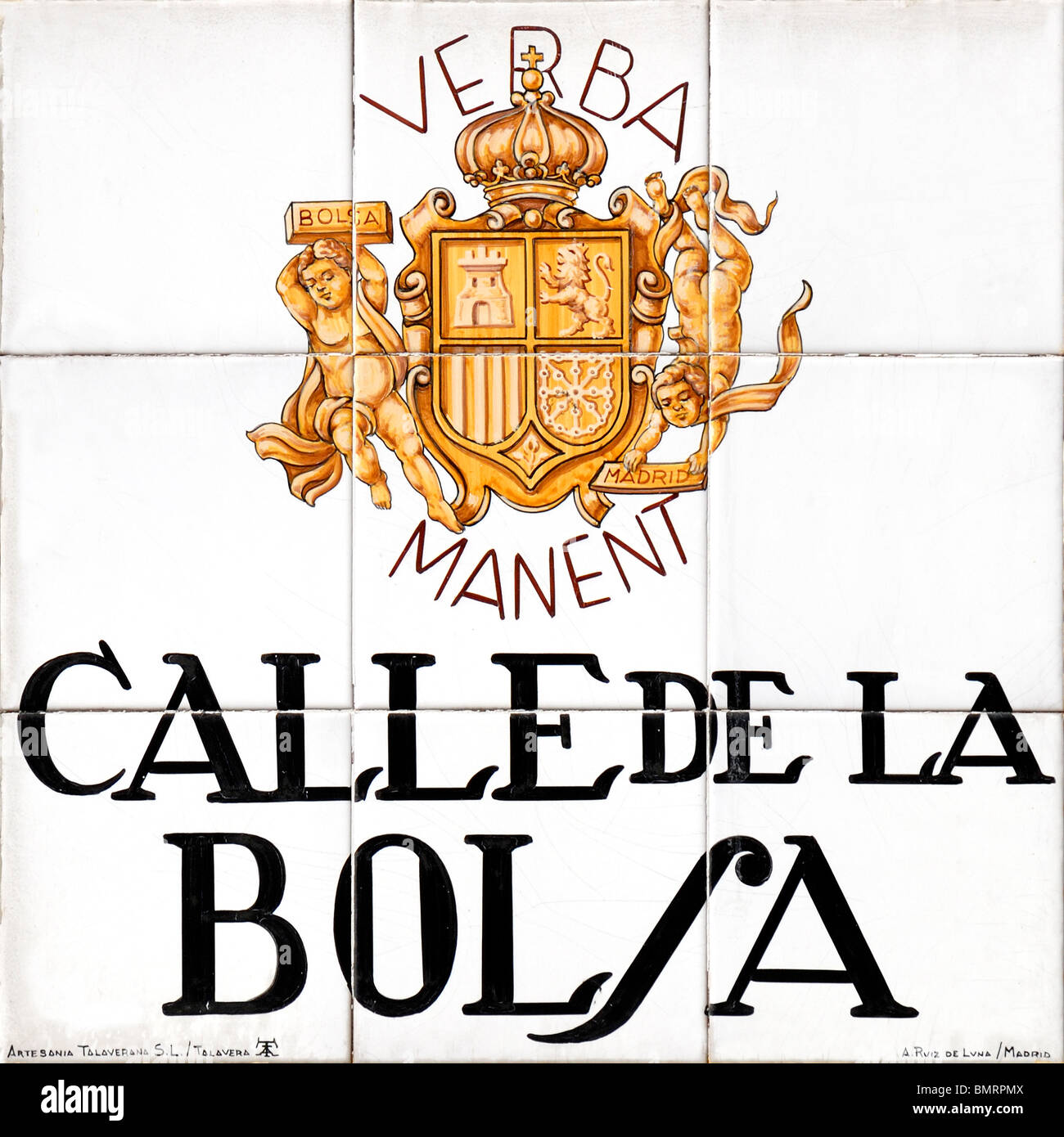 Madrid, Espagne. Sol carrelé traditionnel Street Sign. La Calle de la Bolsa (par Alfredo Ruiz de Luna / Madrid) Banque D'Images