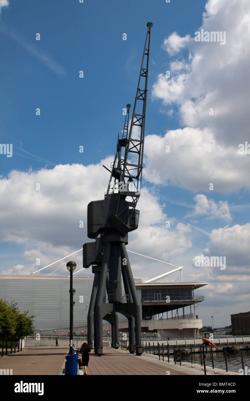 Une grue au Royal Victoria Dock à Londres avec le Centre d'exposition Excel en arrière-plan. Banque D'Images