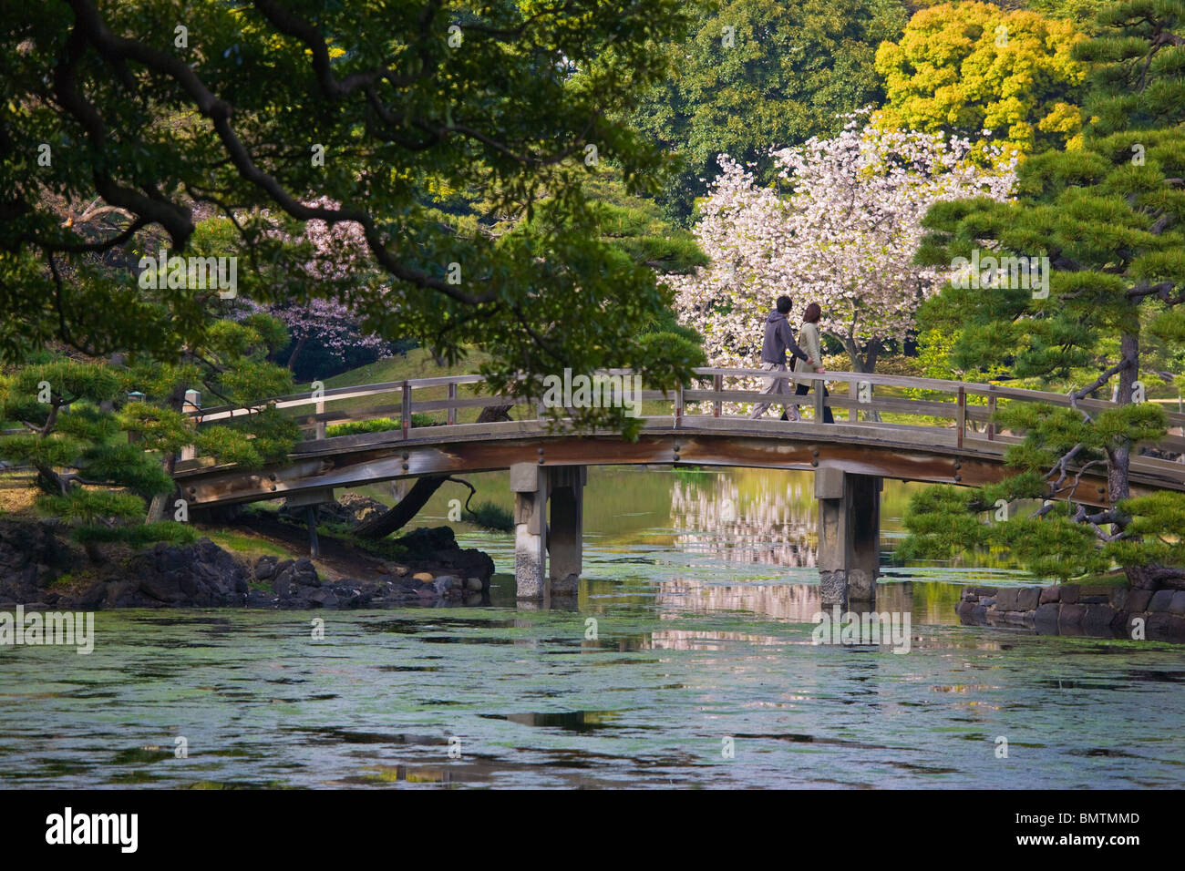 Le pont voûté Nakajima passe au-dessus de la mer marée d'étang à l'intérieur Jardins Hama-Rikyu Shioiri, situé près de la baie de Tokyo, dans le centre de Tokyo, au Japon. Banque D'Images