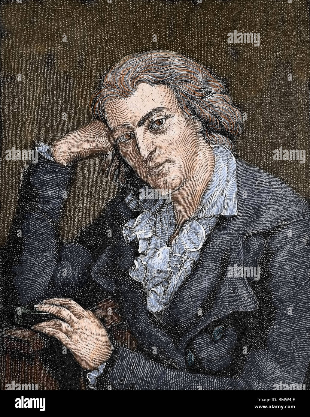 SCHILLER, Johann Christoph Friedrich von Marbach (1759-Weimar, 1805). L'écrivain allemand. Gravure en couleur. Banque D'Images