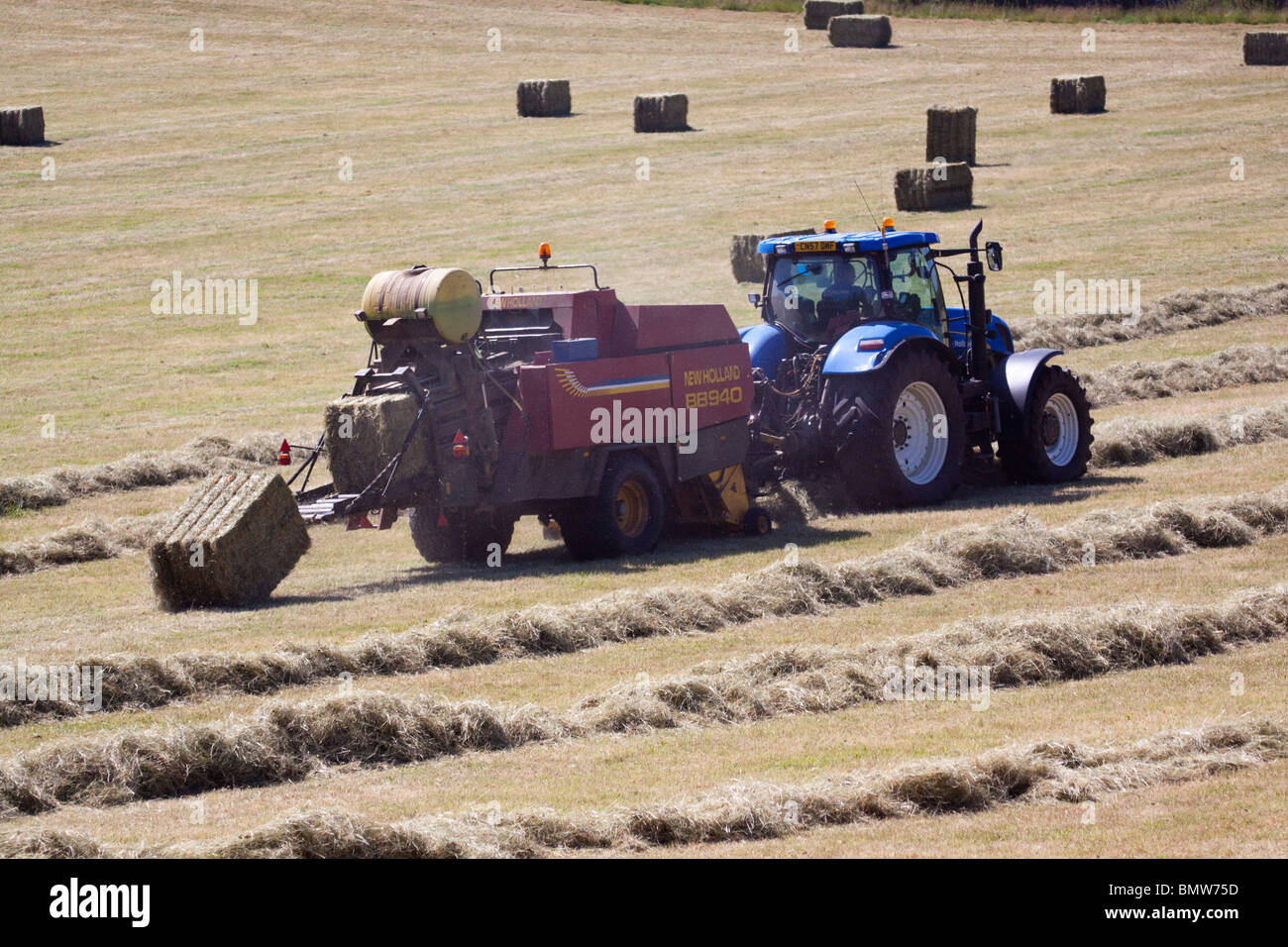 Tracteur agricole et du foin bleu collecte de la ramasseuse-presse sur les andains de foin, de l'agriculture dans la région ensoleillée du pays de Galles au Royaume-Uni. Vue côté horizontal. Banque D'Images
