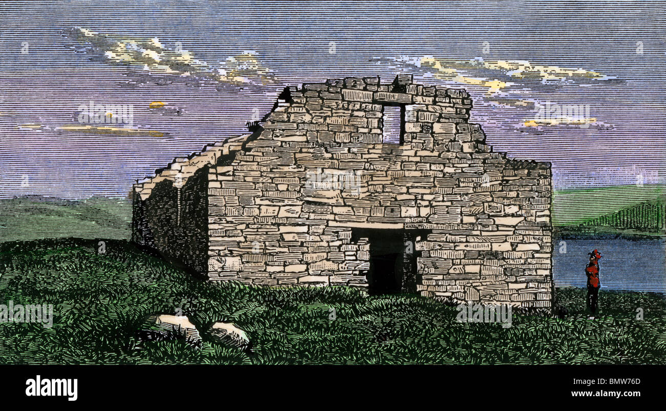 Ruines de l'église de Hvalsey Viking médiévale Qaqortok, Groenland, en vue des années 1800. À la main, gravure sur bois Banque D'Images