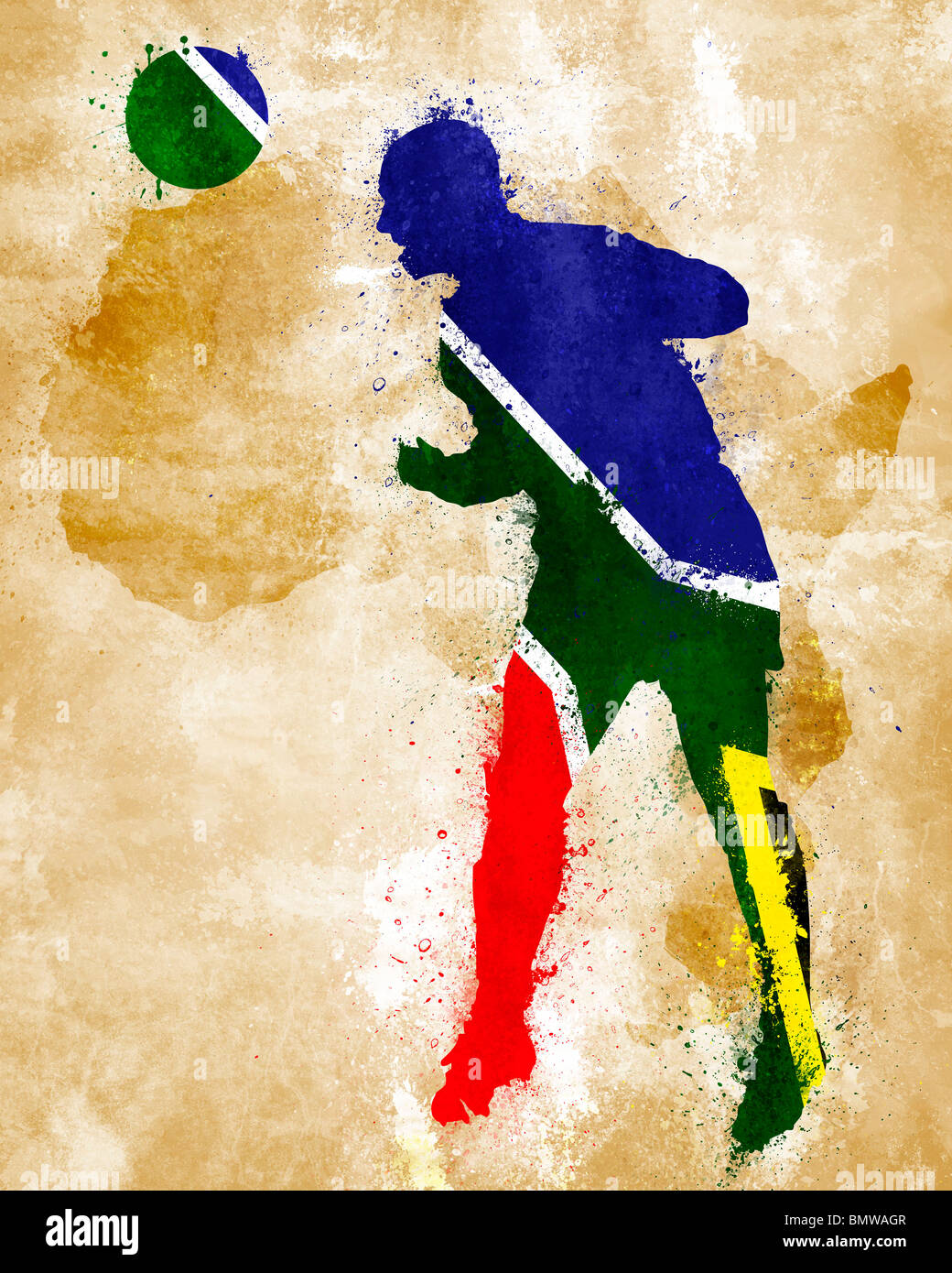 Un joueur de soccer avec drapeau sud-africain peint Banque D'Images