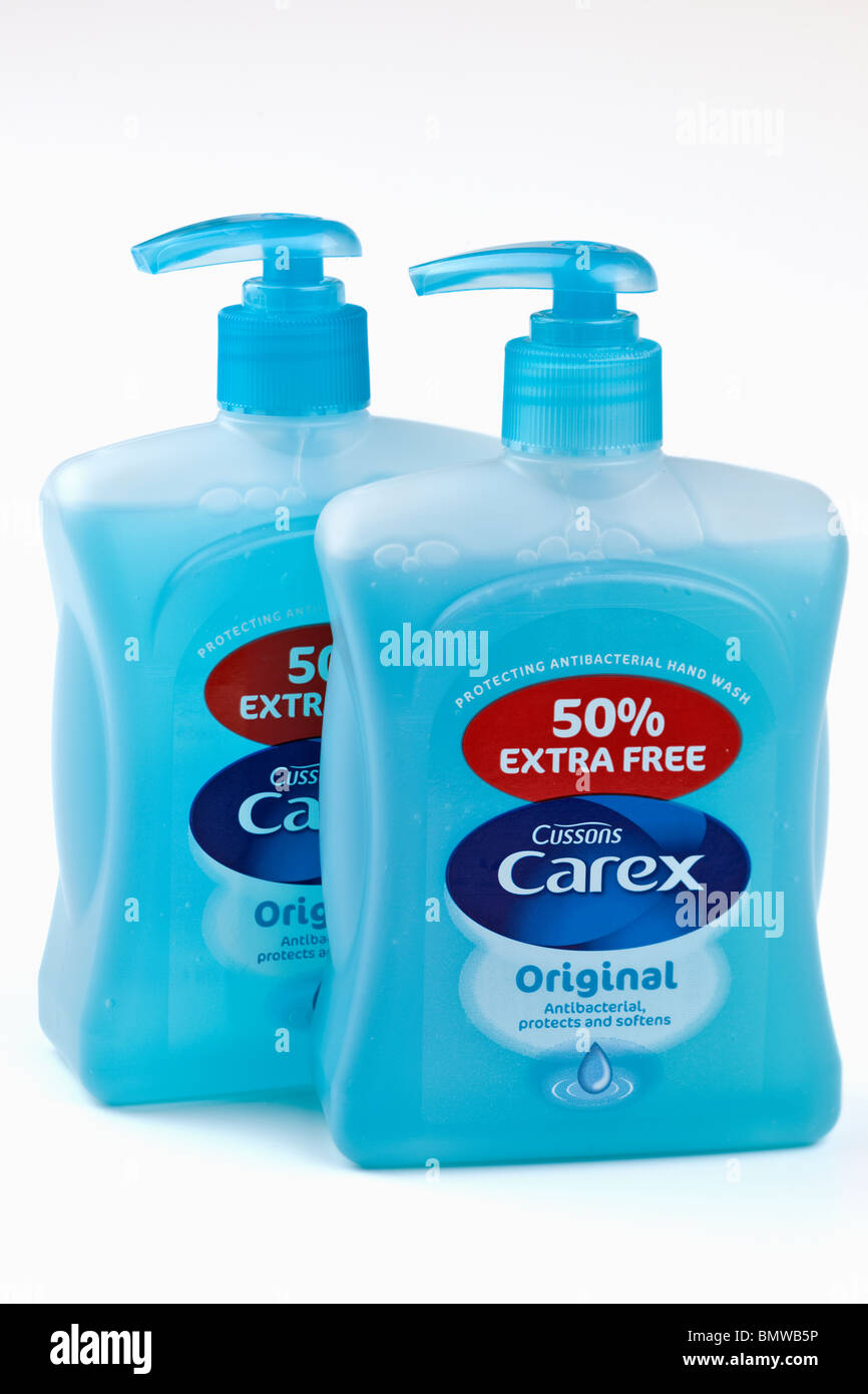 Pompe à main en plastique deux contenants de Cussons Carex antibactérien savon liquide doux original Banque D'Images