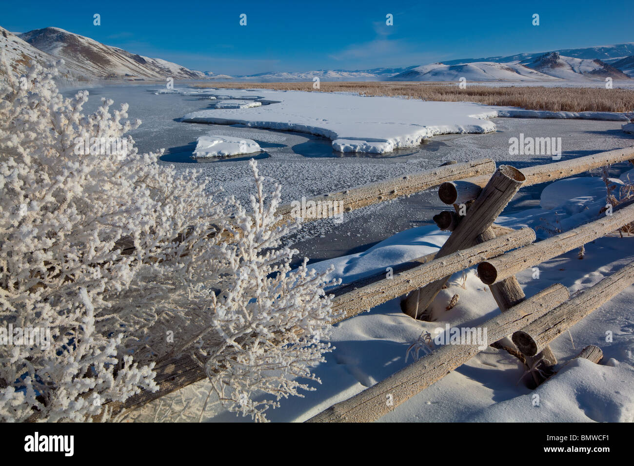 Jackson Hole, Wyoming L'hiver la lumière du matin sur la ligne de clôture dépoli au-dessus d'un plat congelé Creek dans le National Elk Refuge Banque D'Images