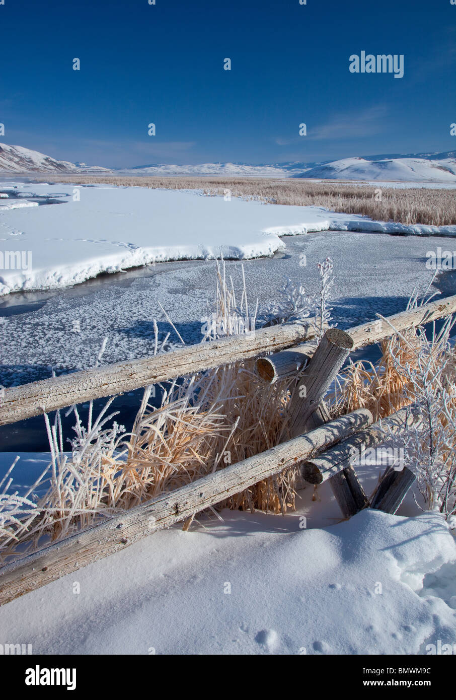Jackson Hole, Wyoming : l'hiver la lumière du matin sur la ligne de clôture dépoli au-dessus d'un plat congelé Creek dans le National Elk Refuge Banque D'Images
