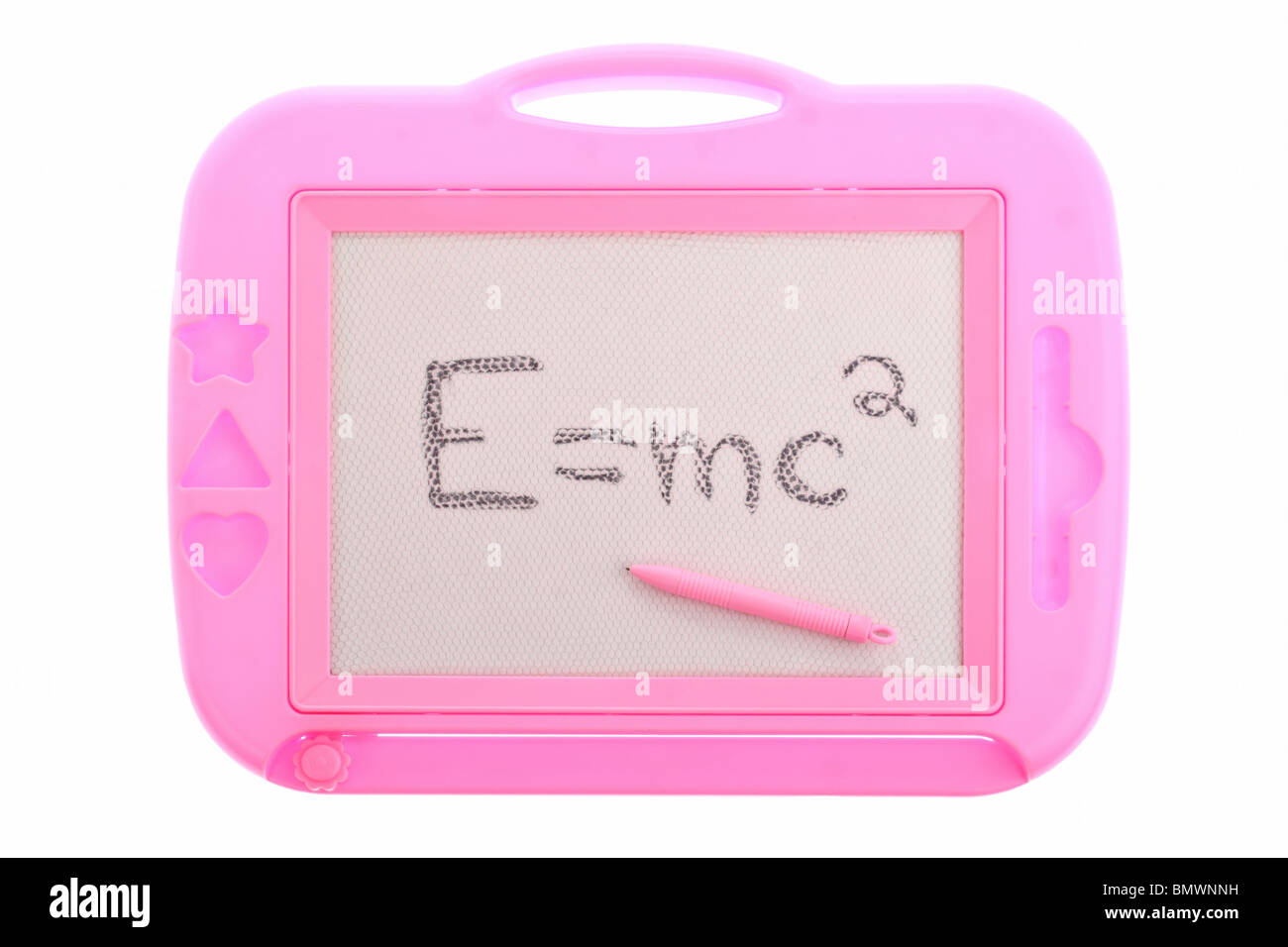 Planche à dessin magnétique rose avec l'équation d'Einstein isolated on white Banque D'Images
