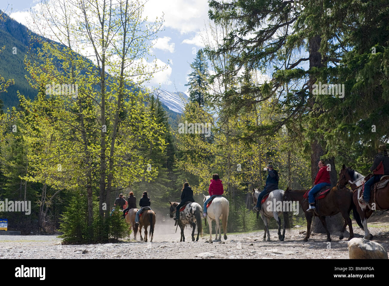 Un groupe de personnes sur poney près de Bow Falls dans les Rocheuses canadiennes Banque D'Images