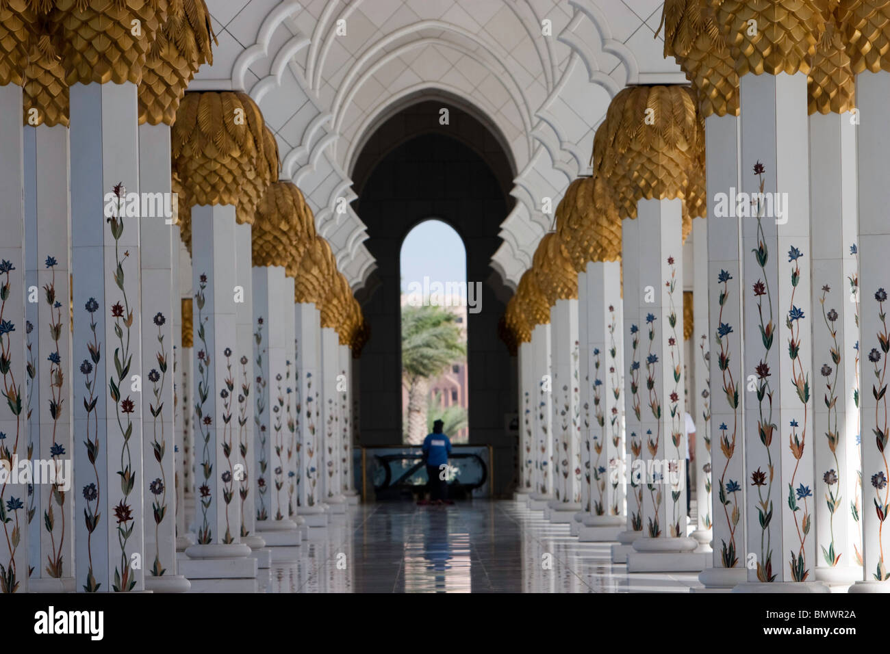 Piliers à l'intérieur de la nouvelle mosquée Sheikh Zayed Bin Sultan Al Nahyan (Grande Mosquée), Abu Dhabi, Emirats Arabes Unis. Banque D'Images