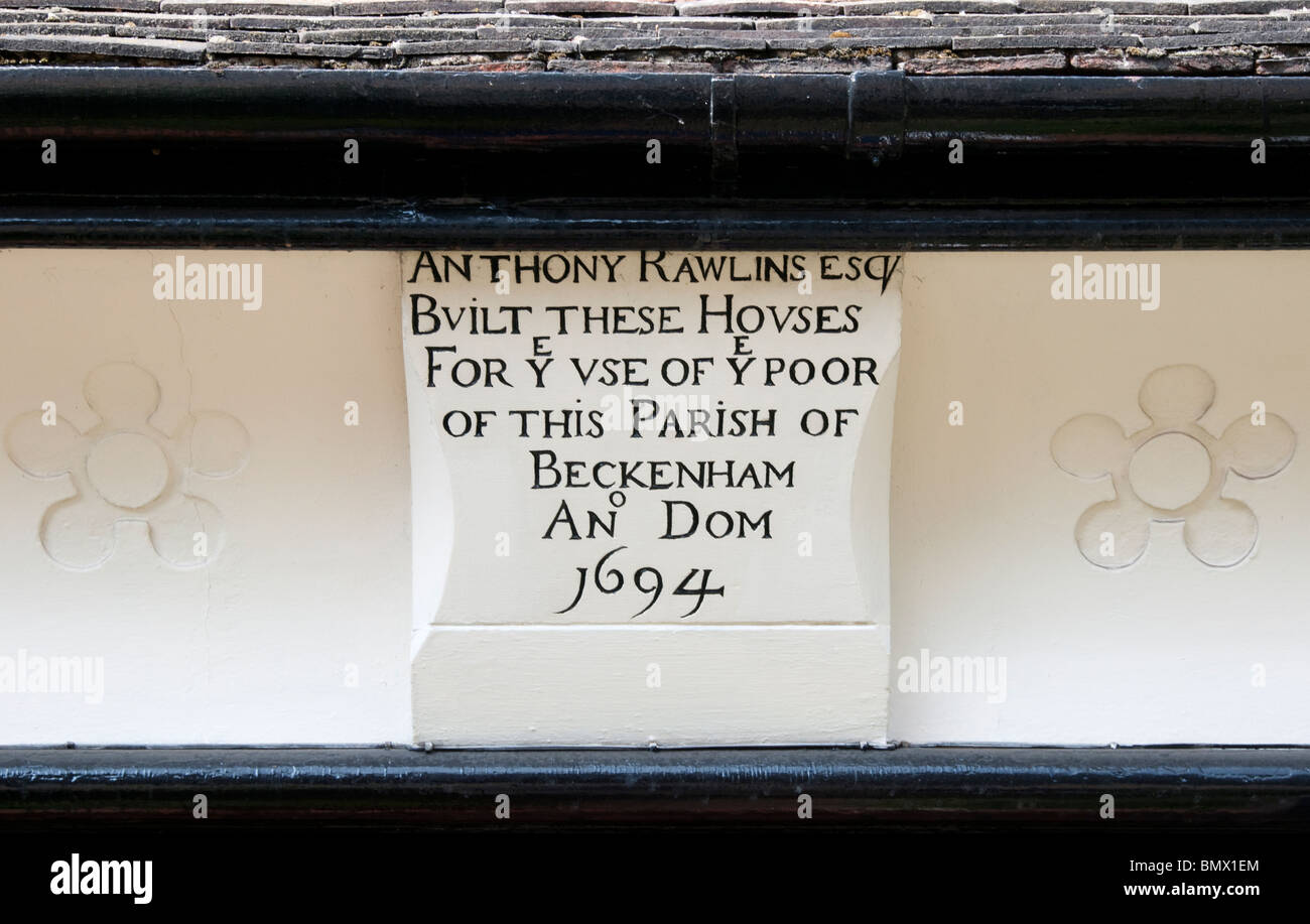 Inscription sur les hospices de Rawlins, Beckenham, Kent, Angleterre Banque D'Images