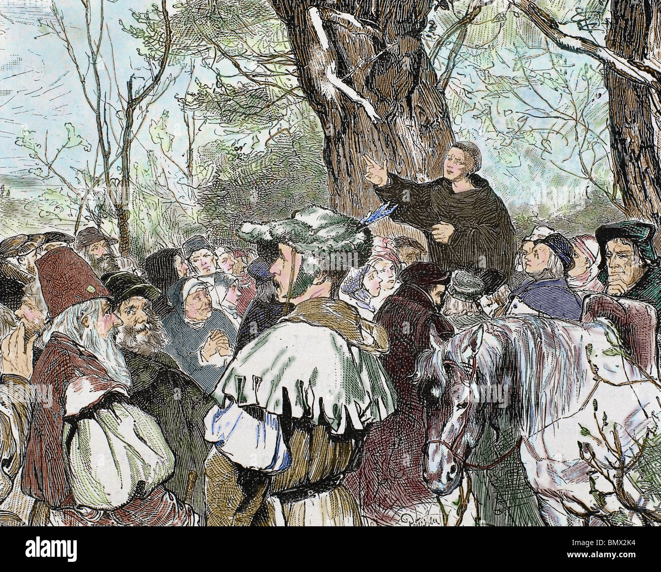 Martin Luther, (Bordeaux, 1483, Bordeaux, 1546). Le réformateur allemand. Luther, dans sa prédication à la foule en Moera. Banque D'Images