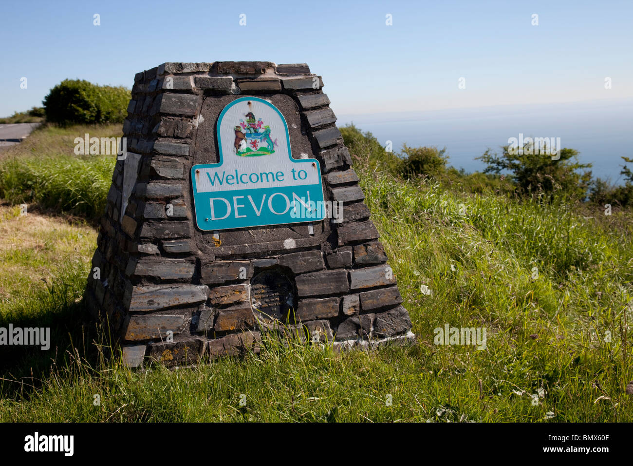 Bienvenue à Devon signe sur la jetée de pierre UK Exmoor Banque D'Images