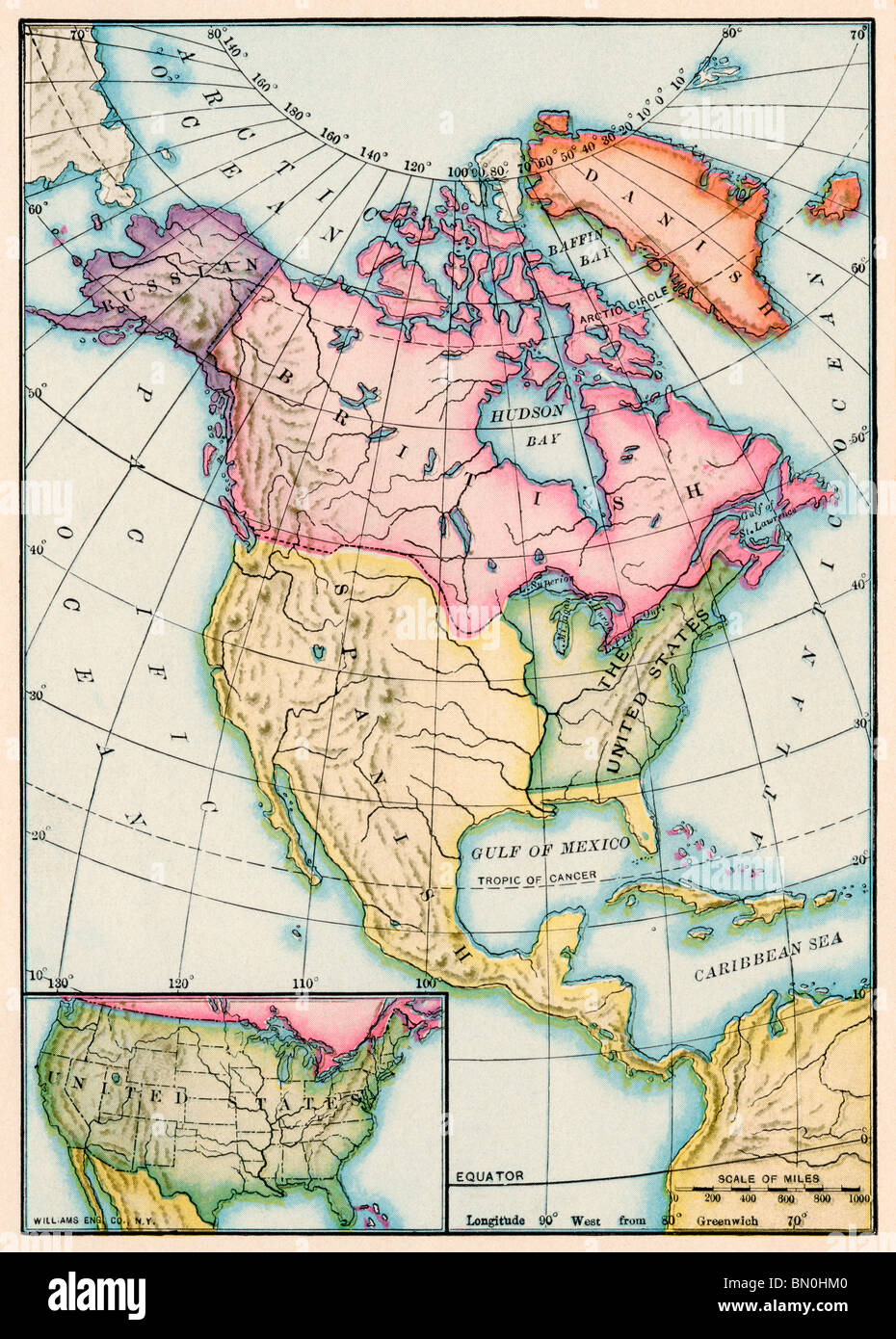 Amérique du Nord à la fin de la révolution par le Traité de Paris de 1783. Lithographie couleur Banque D'Images