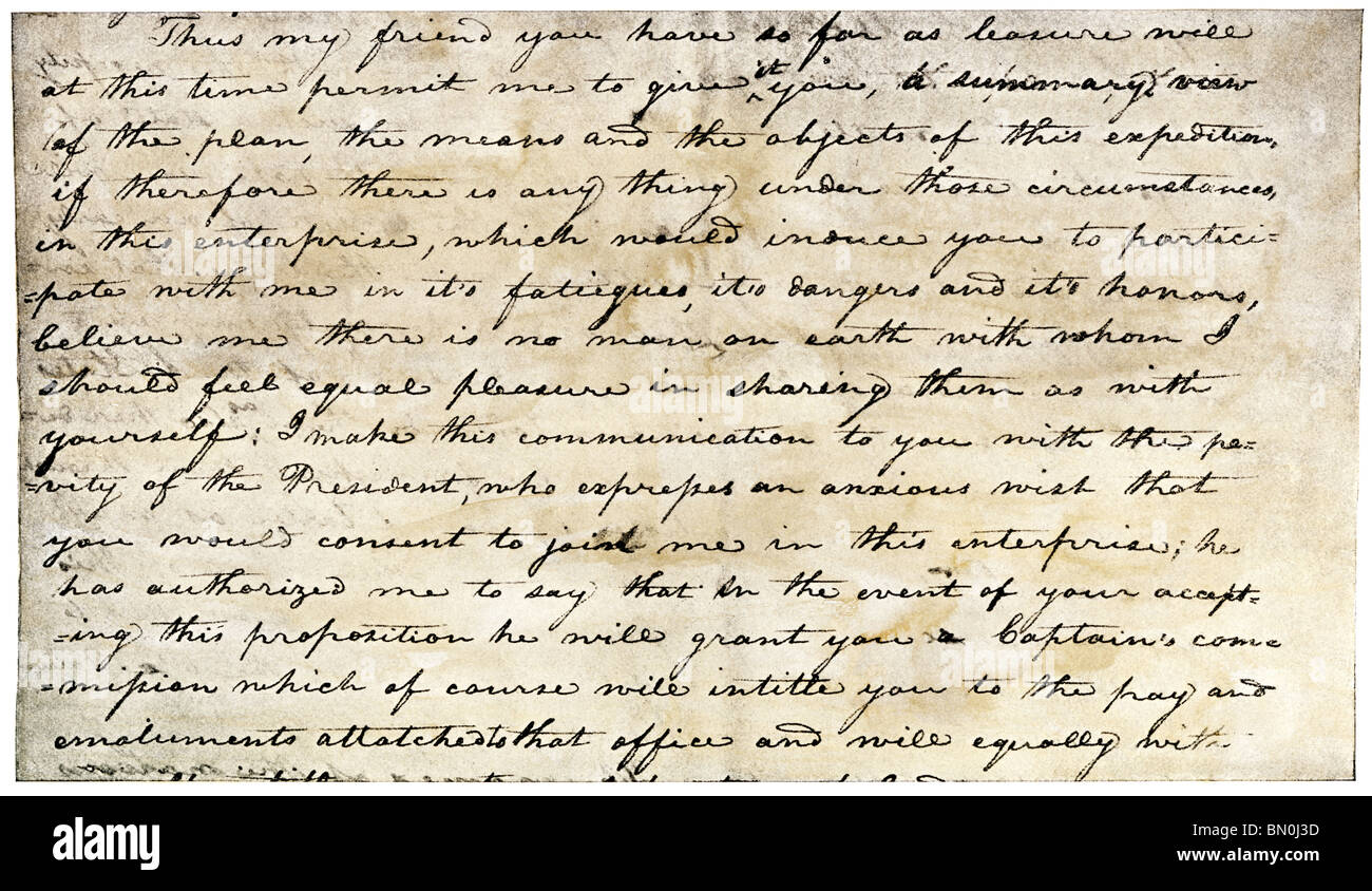 Meriwether Lewis's lettre invitant William Clark à se joindre à l'expédition pour explorer le territoire de la Louisiane. Avec un lavage aquarelle de demi-teinte Banque D'Images