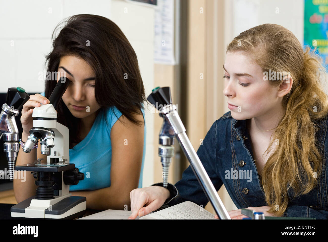 Camarades de classe de sciences, remplir l'affectation ensemble à l'aide de microscope Banque D'Images