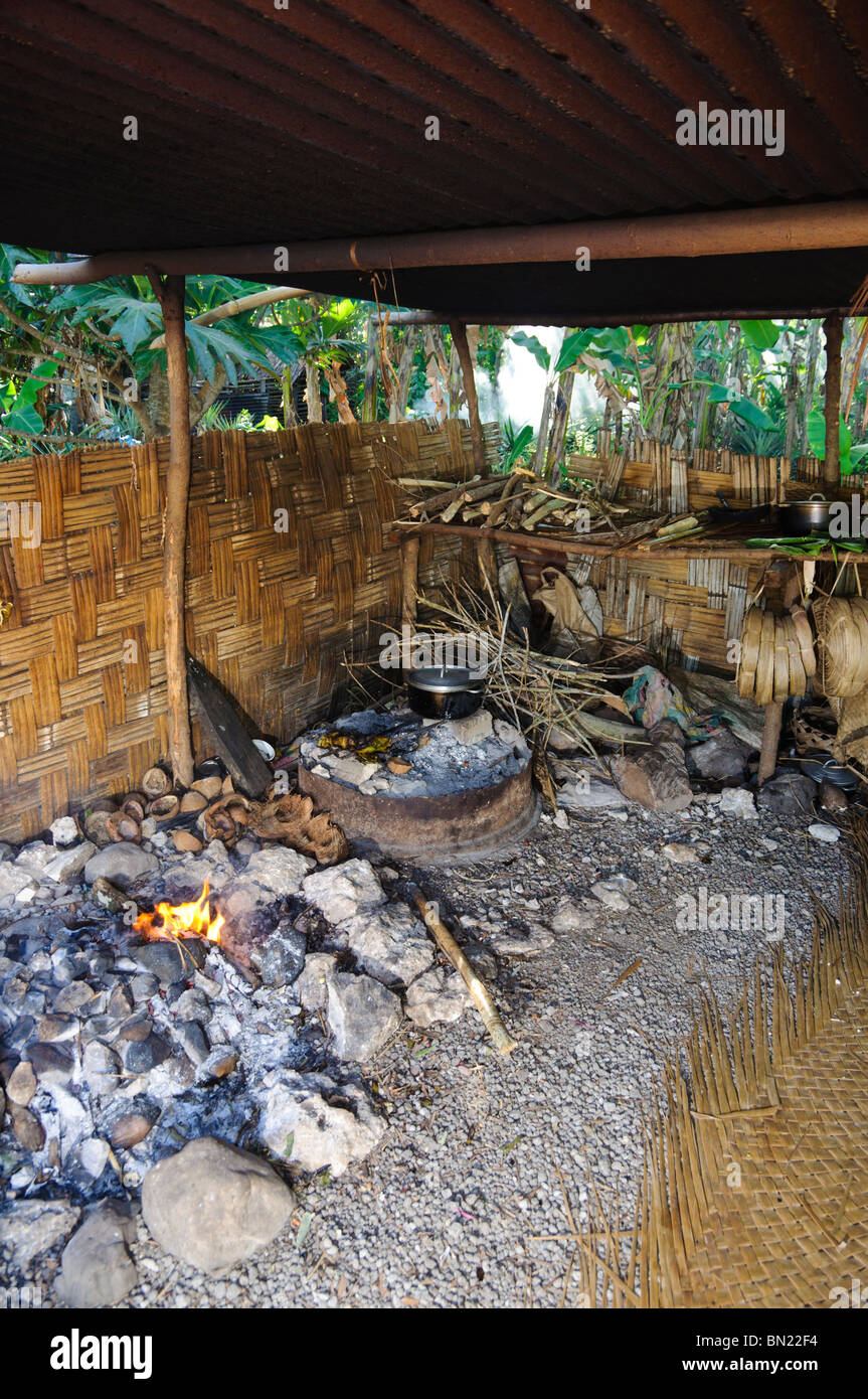 Chauffage des pierres pour un four au sol ; la préparation des aliments traditionnels dans le Pacifique sud. Banque D'Images