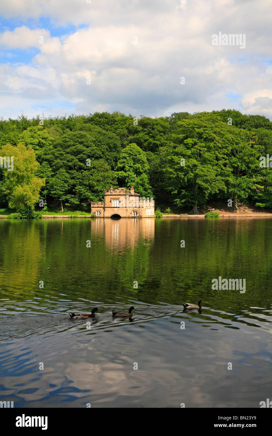 Le lac et d'un hangar à bateaux à Newmillerdam Country Park, Wakefield, West Yorkshire, Angleterre, Royaume-Uni. Banque D'Images