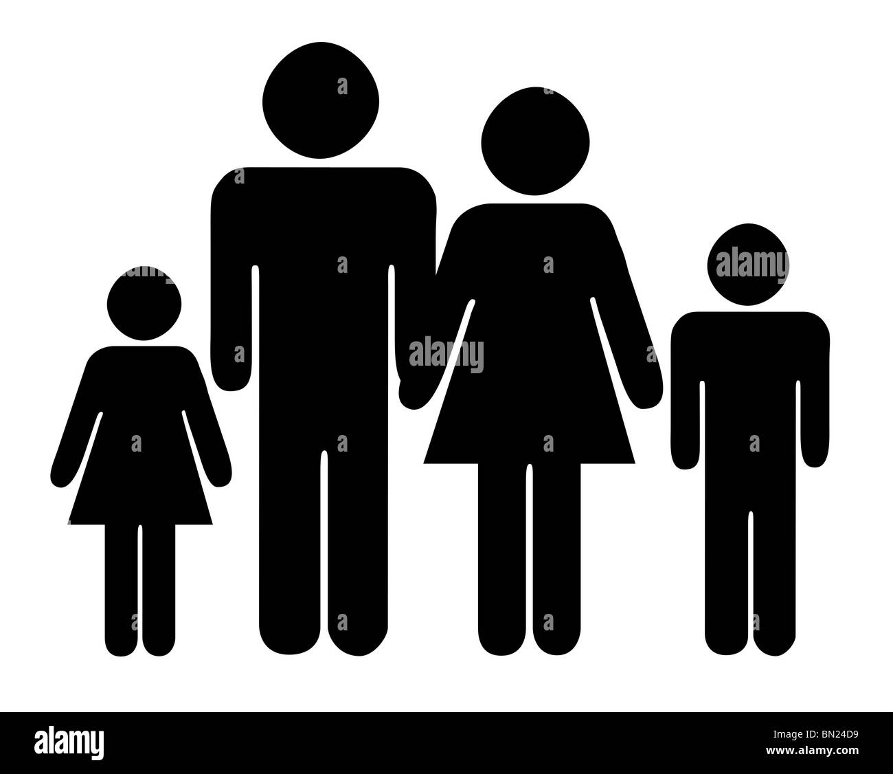 Silhouette noire de la famille traditionnelle avec deux enfants, isolé sur fond blanc. Banque D'Images