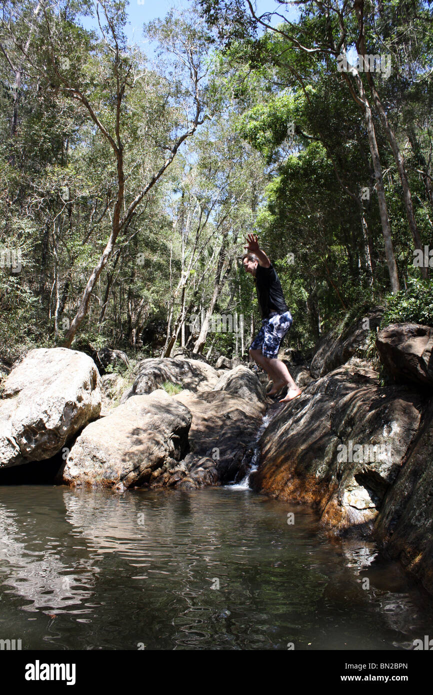 Homme de sauter dans le bassin de l'eau d'un rocher, Queensland, Australie Banque D'Images