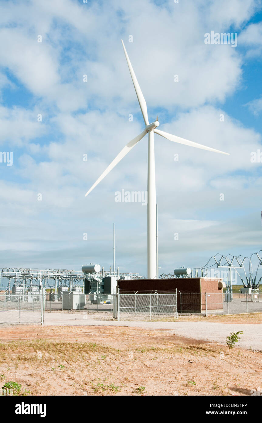 Les éoliennes et les lignes de transmission électrique situé sur des terres agricoles près de Oklahoma Woodward Banque D'Images