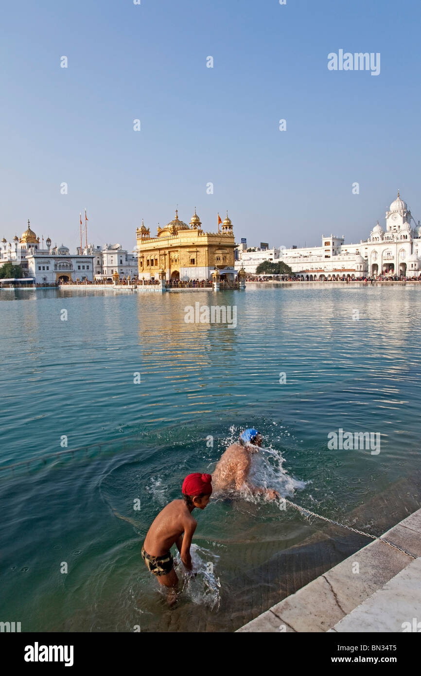 Les dévots Sikhs se baigner dans le bassin sacré. Le Temple d'Or.Amritsar. L'Inde Banque D'Images