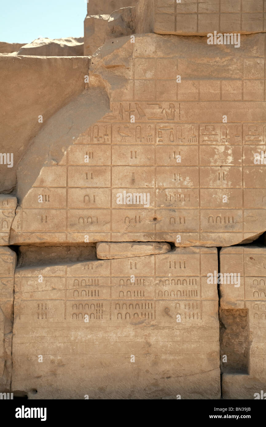 Les hiéroglyphes de l'Égypte ancienne en particulier de chiffres, Temple de Karnak, Louxor en Haute Egypte Banque D'Images