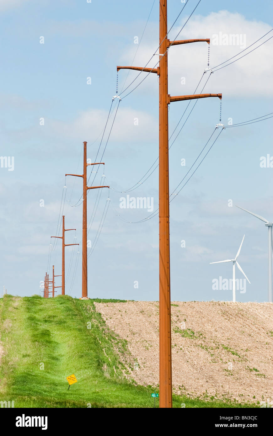 Les éoliennes et les lignes de transmission électrique situé sur des terres agricoles près de Lake Benton, Minnesota Banque D'Images