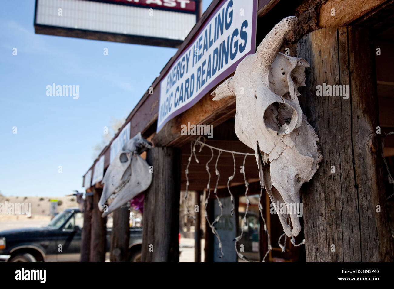 Des têtes d'animaux sur un bâtiment, Nouveau Mexique, USA, close-up Banque D'Images