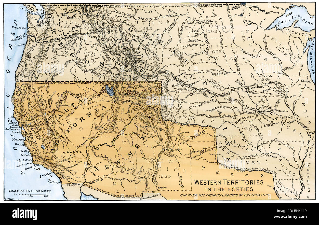 Possessions mexicaines de l'Ouest et territoires américains dans les années 1840. À la main, gravure sur bois Banque D'Images