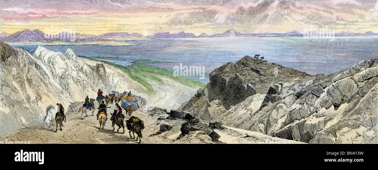 Les colons Mormon Trail approchant le Grand Lac Salé, en Utah, années 1800. À la main, gravure sur bois Banque D'Images