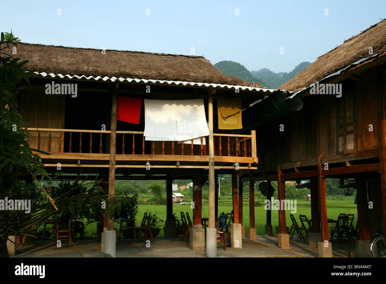Maison sur pilotis en bois dans la Vallée de Mai Chau, Vietnam Banque D'Images
