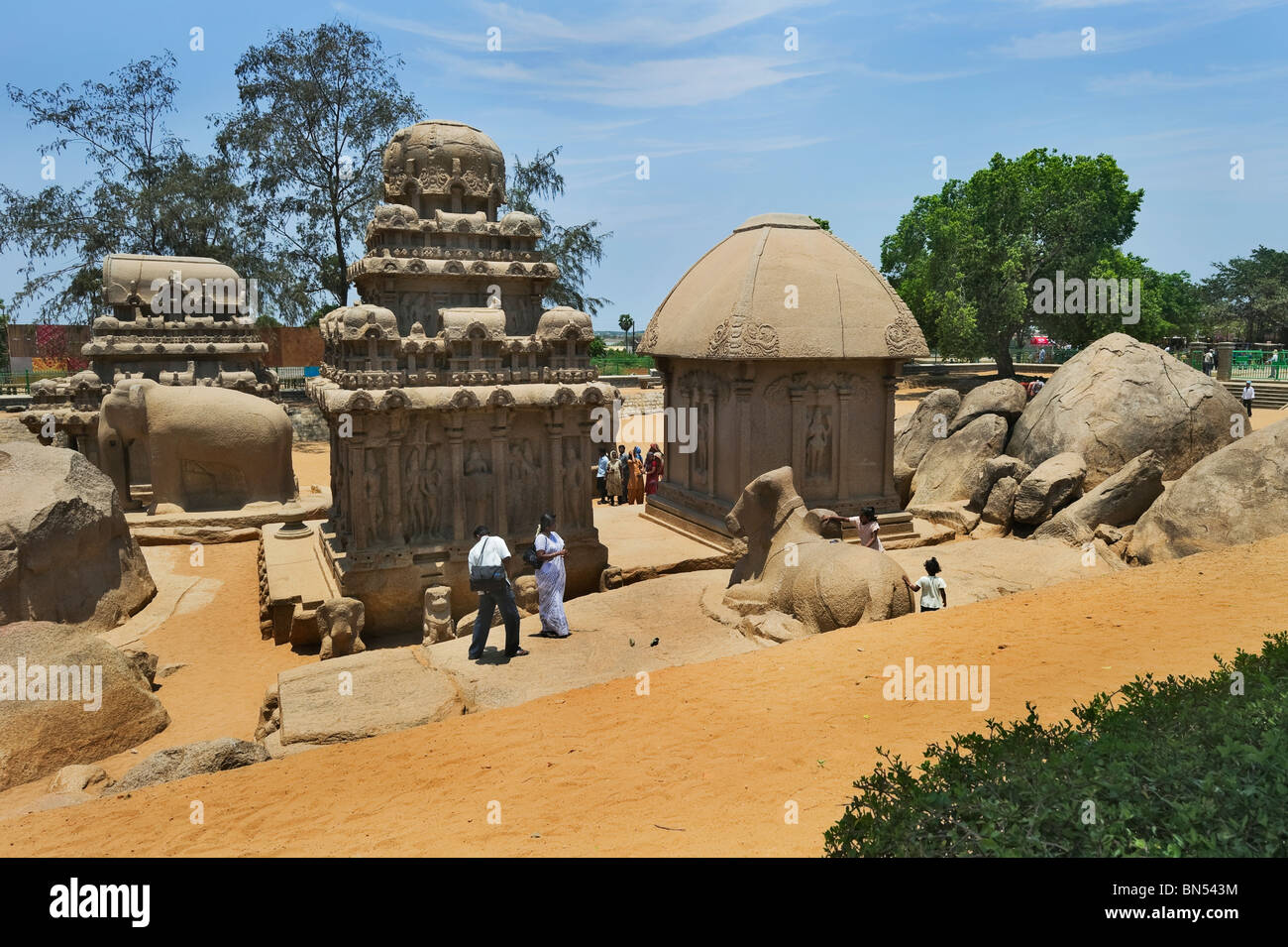 L'Inde Tamil Nadu Mamallapuram le Panch Rathas, un ensemble d'autels monolithiques du VII siècle Banque D'Images