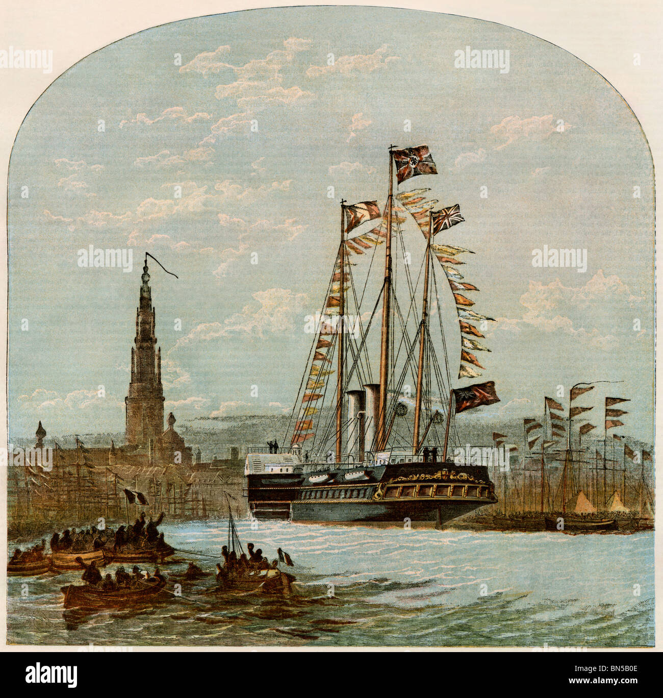 Le Prince Frederick William et son épouse, la Princesse Victoria Adélaïde, plus tard empereur et l'impératrice d'Allemagne, d'arriver à Anvers. Lithographie couleur Banque D'Images