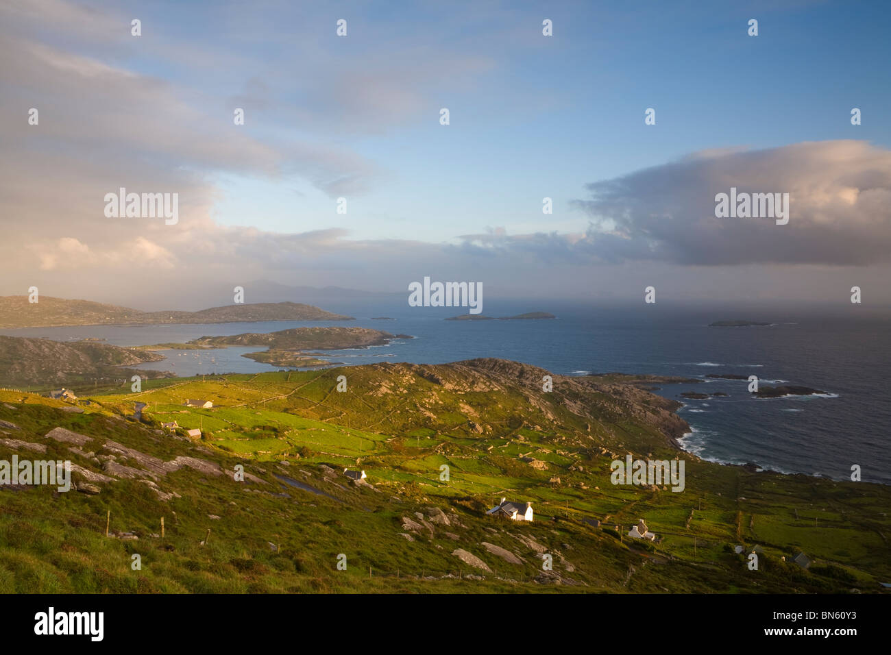 Paysage côtier robuste allumé au coucher du soleil, la baie de Derrynane, Iveragh, l'Anneau du Kerry, Irlande Banque D'Images