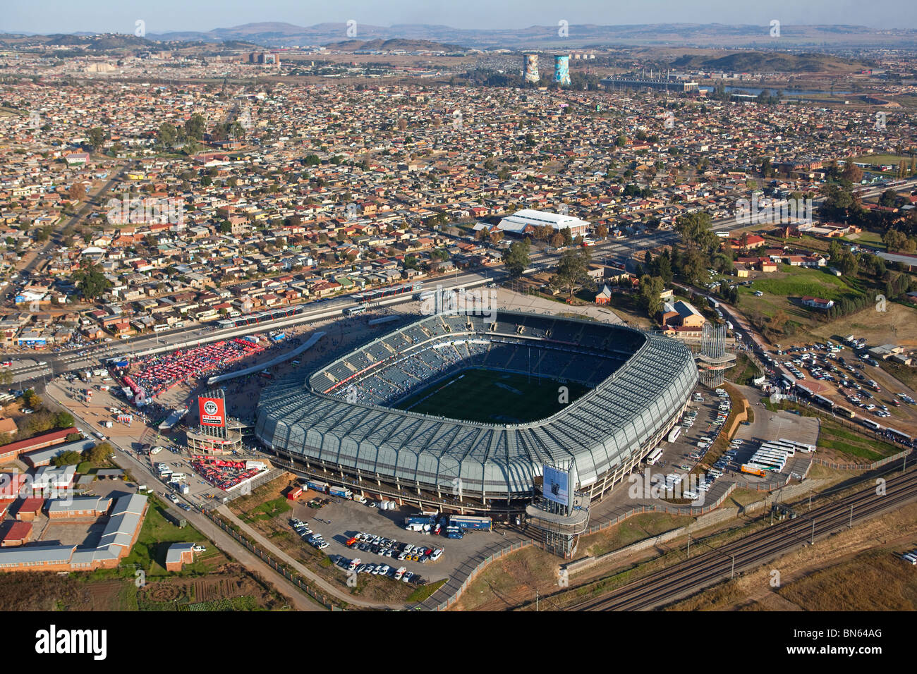 Vue aérienne du stade Orlando, à Soweto, Afrique du Sud, qui a accueilli la finale Rugby Super 14 en 2010 Banque D'Images