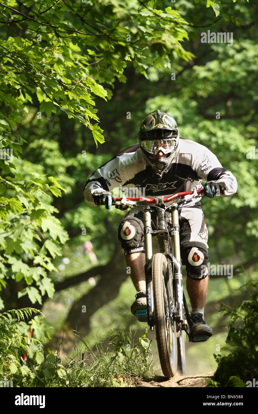 Vélo de montagne vtt de descente au cours de la race à Szczyrk, montagnes des Beskides, en Pologne. Banque D'Images