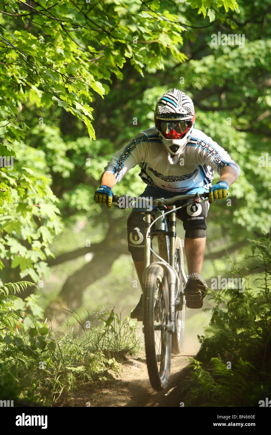 Vélo de montagne vtt de descente au cours de la race à Szczyrk, montagnes des Beskides, en Pologne. Banque D'Images