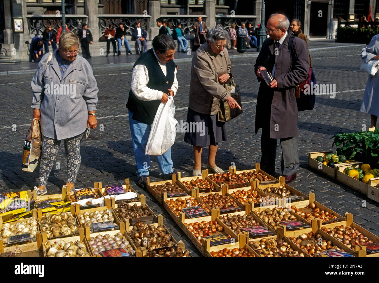 Peuple belge, Shoppers, shopping, marché aux fleurs, grandplace, grand place, ville de Bruxelles, Bruxelles, Bruxelles-Capitale, Belgique, Europe Banque D'Images