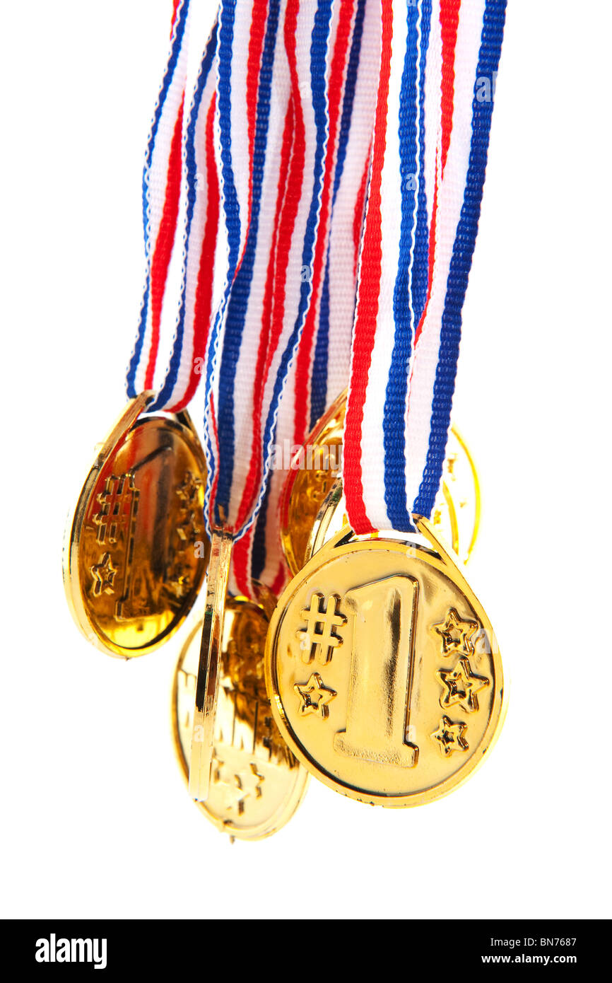 Médailles d'or avec ruban bleu blanc rouge pour le gagnant Photo Stock -  Alamy
