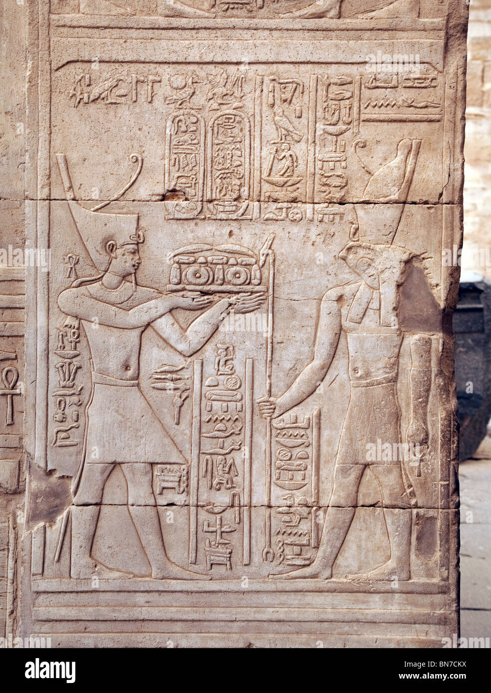 Bas-relief sculpté en albâtre du pharaon présentant des offrandes à Horus. Le Temple d'Horus et de Sobek, Kom Ombo, Haute Egypte Banque D'Images