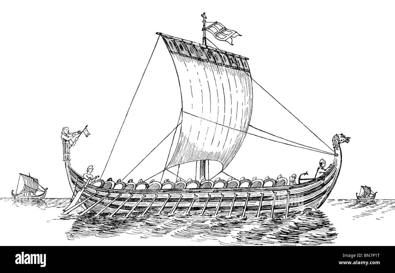 Illustration noir et blanc d'un navire normand par Charles Henry Bourne Quennell (1872-1935) Banque D'Images