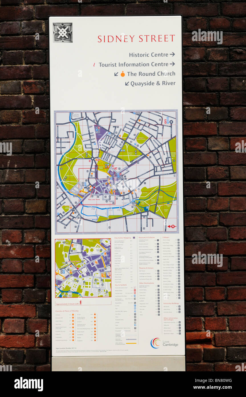Carte des rues touristiques de Sidney Street, Cambridge, England, UK Banque D'Images