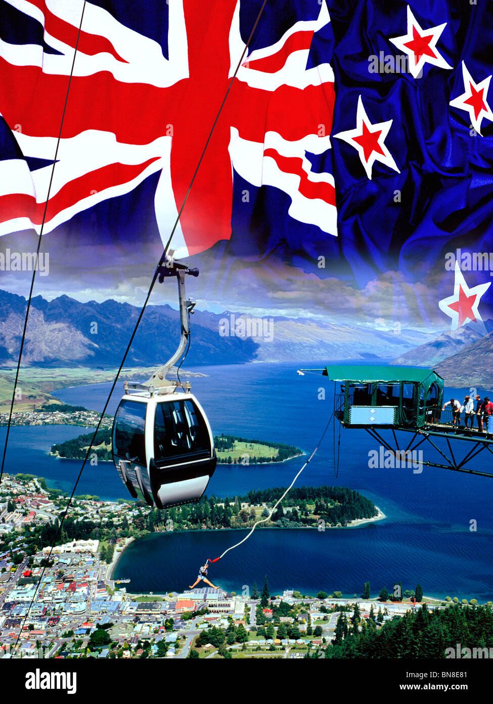 Drapeau de la Nouvelle-Zélande et de la ville de Queenstown - Accueil de bungee jumping Banque D'Images