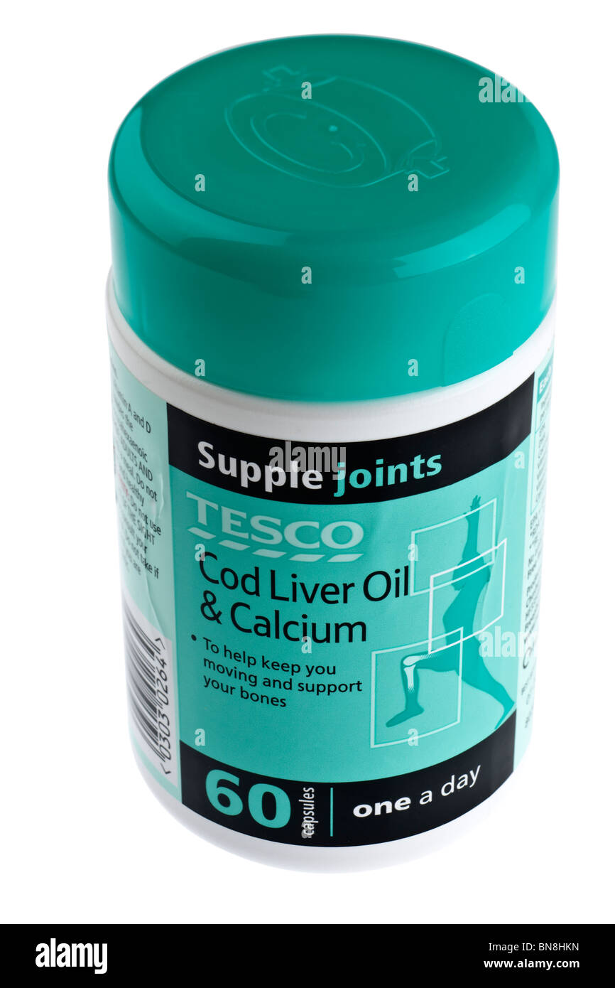 Récipient de Tesco 60 l'huile de foie de morue et de calcium un par jour capsules Banque D'Images
