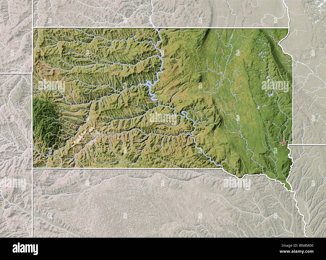 Le Dakota du Sud, carte en relief ombré. Banque D'Images
