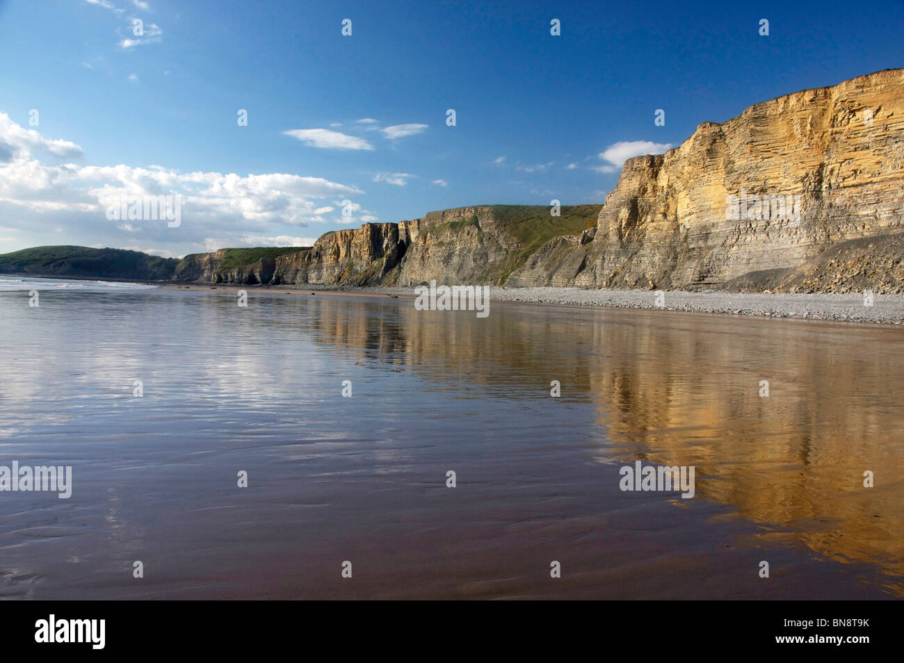 Traeth Mawr beach avec des falaises reflétée dans le sable humide Southerndown Vale of Glamorgan Heritage Coast South Wales UK Banque D'Images