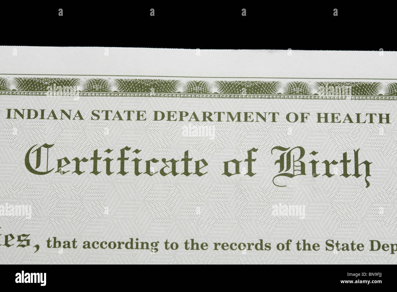Un certificat de naissance de l'Etat américain de l'Indiana Banque D'Images