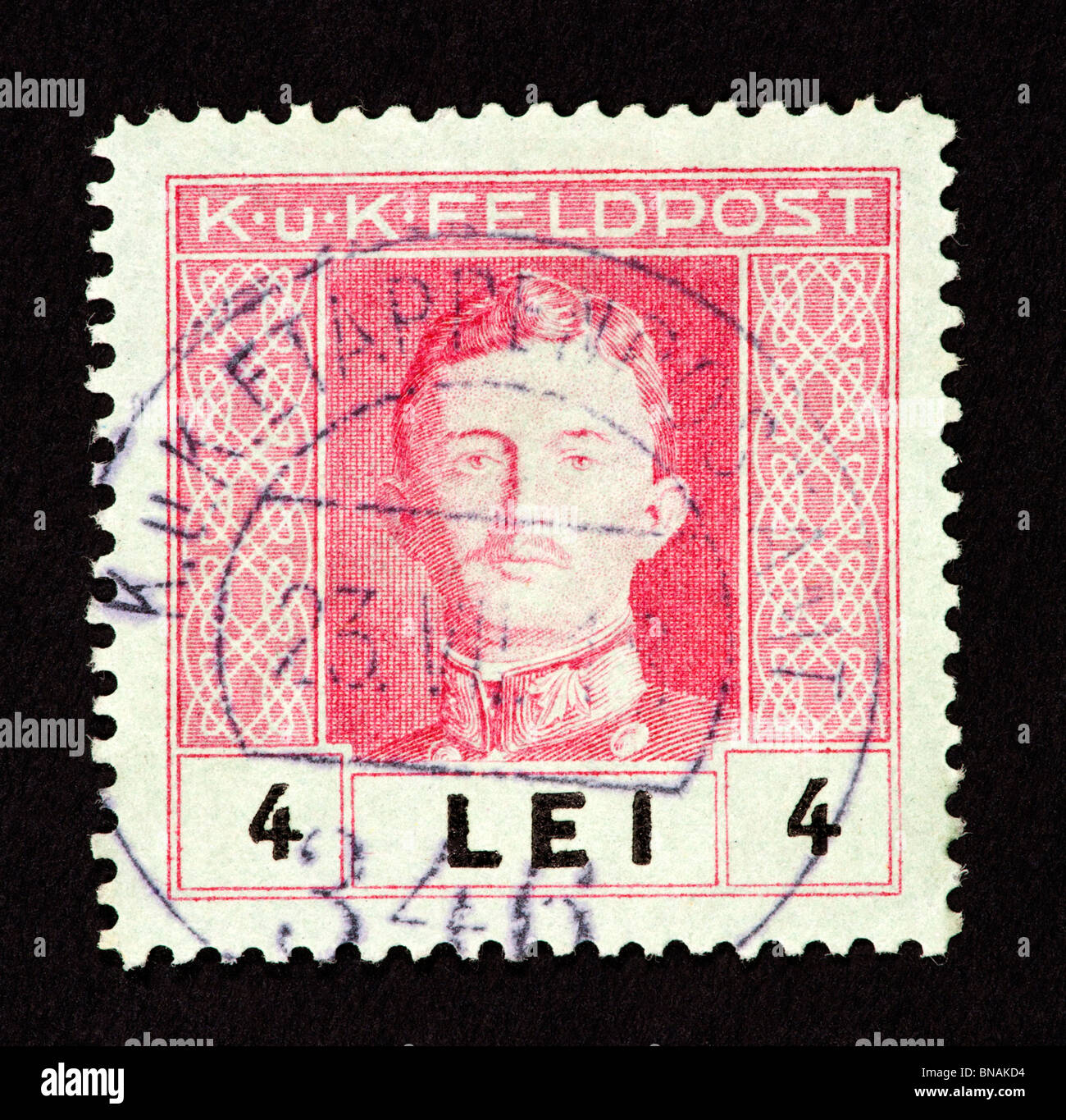 Timbre-poste de Roumanie représentant le roi Charles d'Autriche, délivré en vertu de l'occupation autrichienne. Banque D'Images